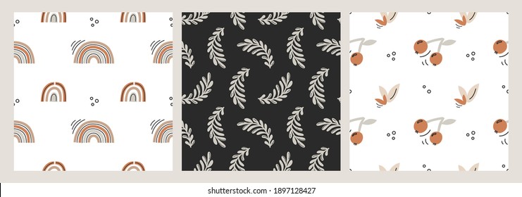 Set of seamless patterns in the style of boho. Rainbows, flowers, birds, lightning. A hand-drawn set of boho style doodles in a modern style. boho clipart for children's room decoration