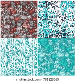 
Set of seamless patterns in the style of graffiti with the image of tags, letters, perches. Vector original hip hop backgrounds