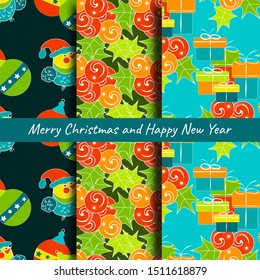 Set of seamless patterns. Stylish christmas background. Funny birds, Christmas tree balls, berries and gift boxes.Doodle style. Wrap or bag for holiday gifts.