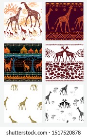 Set of Seamless patterns with stylized Giraffes and ethnic motifs