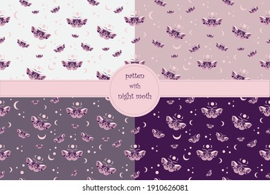 a set of seamless patterns, with a stylized night moth on a colored backdrop,stars the moon, boho style