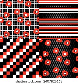 Set of seamless patterns with stylized poppies, checks, stripes, dots. Black, white and red prints created in shapes that complement each other. For fabric, wrapping-paper, cover, gift paper. Vector.