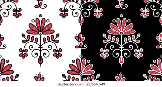 Set of seamless patterns with stylized red and black ukrainian folk floral elements. Ethnic ornament based on national embroidery tradition. Can be used for decoration, surface and paper print design