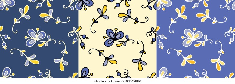 Set of seamless patterns with stylized ukrainian folk floral elements in national yellow and blue colours. Ethnic ornament based on embroidery tradition. Can be used for decoration and surface design