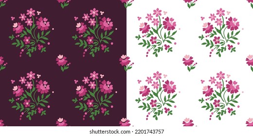Set of seamless patterns with stylized ukrainian folk floral elements on colored background. Ethnic ornament based on embroidery tradition. Can be used for decoration, surface and paper print design