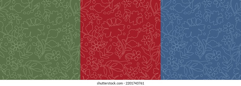 Set of seamless patterns with stylized ukrainian folk floral elements on colored background. Outline ornament based on embroidery tradition. Can be used for decoration, surface design and wrapping