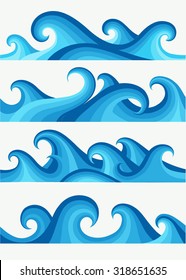 Set of seamless patterns with stylized waves blue shades