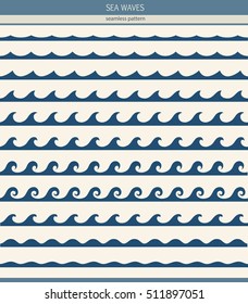 Set of seamless patterns with stylized waves blue shades