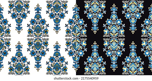 Set of seamless patterns with stylized yellow and blue ukrainian folk floral elements. Ethnic ornament based on national embroidery tradition. Can be used for decoration, surface and print design