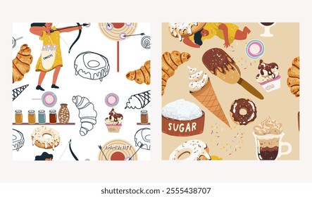 Set of seamless patterns, sugar addiction, desserts, sweets, hand drawn, baking, birthday, vector.