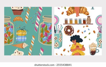 Set of seamless patterns, sugar addiction, desserts, sweets, hand drawn, baking, birthday, vector.