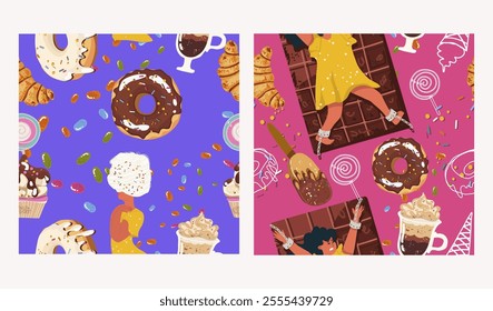 Set of seamless patterns, sugar addiction, desserts, sweets, hand drawn, baking, birthday, vector.