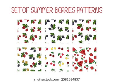 Set of seamless patterns with summer berries raspberry, blackberry, cherry, watermelon - vector backgrounds for design fabric, packaging, paper
