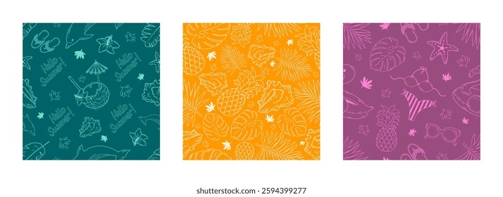 A set of seamless patterns with summer pictograms. Summer abstract background.