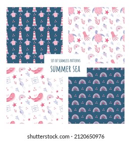 Set of seamless patterns. Summer sea patterns with whale, starfish, lighthouse and rainbows. 
Children pattern. Baby animals pattern. 

