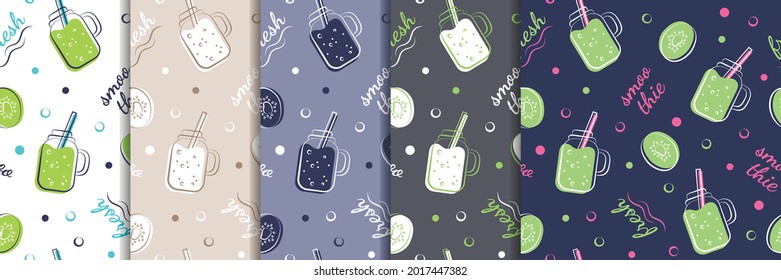 Set of seamless patterns. Summer vector backgrounds with kiwi smoothies in five different colors. Fresh fruit drinks. Sketch banner, template, print for textiles