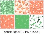 A set of seamless patterns with a summer, vegetable, natural ornament. Butterflies, dragonflies, snails, fern branches, stars. Vector graphics.