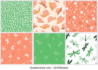 A set of seamless patterns with a summer, vegetable, natural ornament. Butterflies, dragonflies, snails, fern branches, stars. Vector graphics.