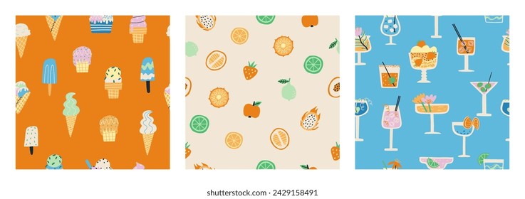 Set of seamless patterns with a summer vibe. Ice cream, drinks, fruit. Vector flat illustration. Design for fabric and more.