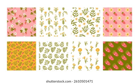 Set seamless patterns summer wild flowers meadow plants