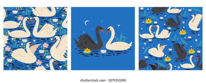 Set of seamless patterns with swans on a blue background. Vector graphics.
