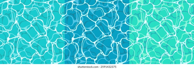 A set of seamless patterns of a swaying water surface. Fish-like texture of the water surface with waves, glare, reflections. Illustrated vector clipart.