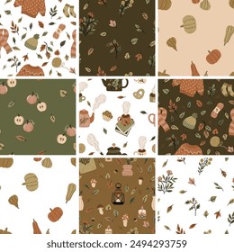 Set of seamless patterns with sweaters, scarves, socks and autumn leaves on a white background. Ideal for baby textiles, scrapbooking paper and greeting cards. Adds coziness and seasonality!