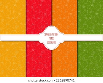A set of seamless patterns of sweet peppers. Line drawing. linear, outline only 1000x1000, vector graphics. EPS10