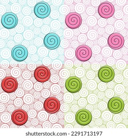 Set of seamless patterns with swirls and candies. Colored vector backgrounds.