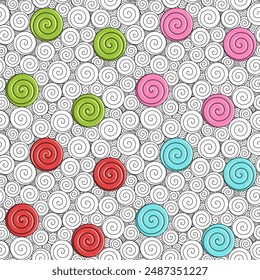 Set of seamless patterns with swirls and candies. Colored vector backgrounds.