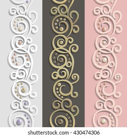 set of seamless patterns with swirls and pearls
