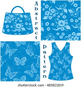 Set Seamless Patterns, Symbolical Flowers and Butterflies Contours and Silhouettes on Blue Background, Element for Design, Prints and Banners, For the Example Presented in a Female Top and Bag. Vector