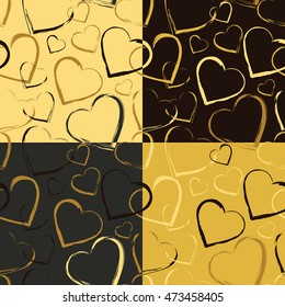 Set of seamless patterns with symbols of heart. Golden colored randomly scattered on solid backgrounds. Continuous texture for textile, wrapping, cards, wallpapers. Vector eps8 illustration.