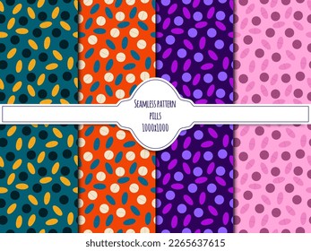 A set of seamless patterns of tablets, pills, 1000x1000, vector graphics. EPS10