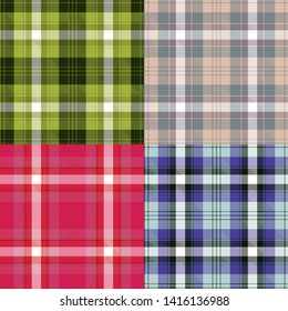 Set of seamless patterns tartan in pink-red, green, blue-turquoise, pastel colors. Color Shatlan cell. Printing on fabric, background, paper.