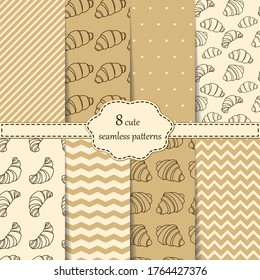 Set of seamless patterns with tasty fresh croissants outline, lines, zigzags, dots. Background for design menu cafe, bistro, restaurant, label and packaging, scrapbooking paper, textile. Vector.