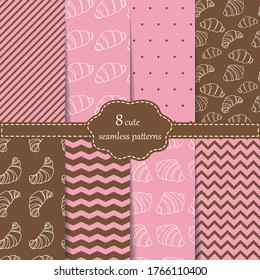 Set of seamless patterns with tasty fresh croissants outline, lines, zigzags, dots. Background for design menu cafe, bistro, restaurant, label and packaging.Vector.