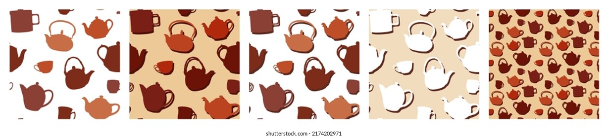 Set of seamless patterns teapot tea kettle vintage autumn or winter style . Tea time , English Breakfast , Earl Grey cute cartoon ceramic tea ceremony wallpaper . pattern