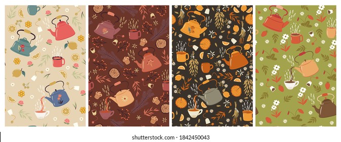 Set of seamless patterns with teapots and mugs. Vector graphics.