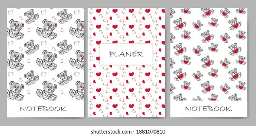 Conjunto de patrones sin fisuras de osos y corazones de peluche. Color de agua y tinta. Para cuadernos, diarios, folletos, libros, catálogos, etc. Ilustración vectorial.