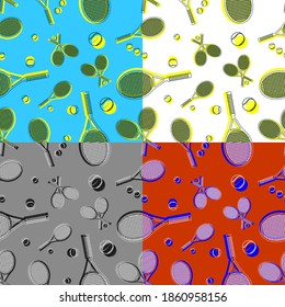set of seamless patterns with tennis racket and balls. Tennis equipment. Active lifestyle. Ornament for printing and decoration of sports competitions. Vector