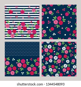 Set of seamless patterns for textile, wallpapers, gift wrap and scrapbook. Floral elements for March 8, Valentine's Day, Mother's Day, birthday, wedding. Vector.