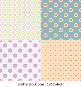 Set of seamless patterns. Texture with hearts in circles and flowers in circles. Vector illustration. The frame is removed.
