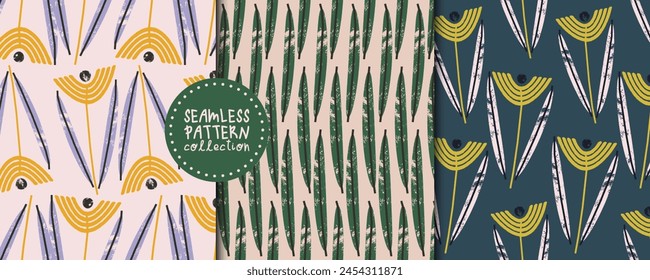 Set with seamless patterns with textured flowers and leaves. Vector square prints, designs, backgrounds