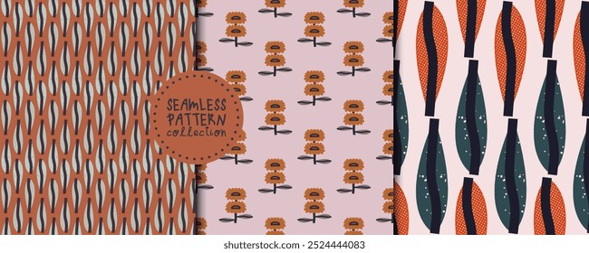 Conjunto con patrones sin fisuras con flores y hojas texturizadas. Impresiones cuadradas de Vector, diseños, fondos
