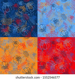 Set of seamless patterns for Thanksgiving materials. Hand drawn vector illustration. Outline  drawings of pumpking, turkey, leaves, corn. for wrapping paper, wallpaper, fabric pattern, backdrop, print