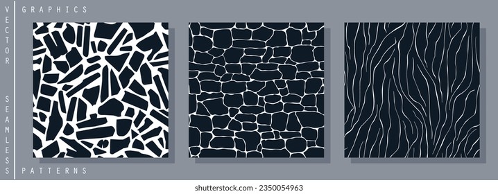 Set of seamless patterns. Three high quality black and white textures of natural materials. Terrazzo. Paving stones. Cured concrete. Vector print