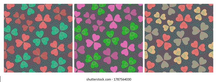 Set of seamless patterns with three-leaf clover. Repeat abstract botanical patterns. Vector illustration.