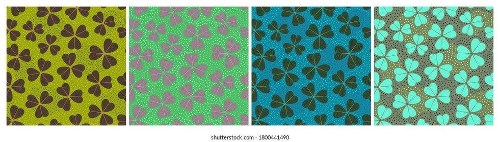 Set of seamless patterns with three-leaf clover. Repeat abstract botanical patterns. Vector illustration.