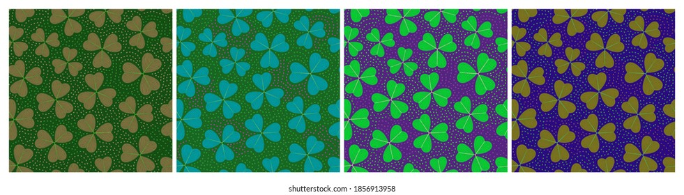 Set of seamless patterns with three-leaf clover. Repeat abstract botanical patterns. Vector illustration.